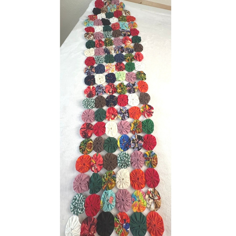 Handmade 2 Yo-Yo Quilt Textile Art Boho Table Runner Wall Hanging Cottagecore - Picture 4 of 14